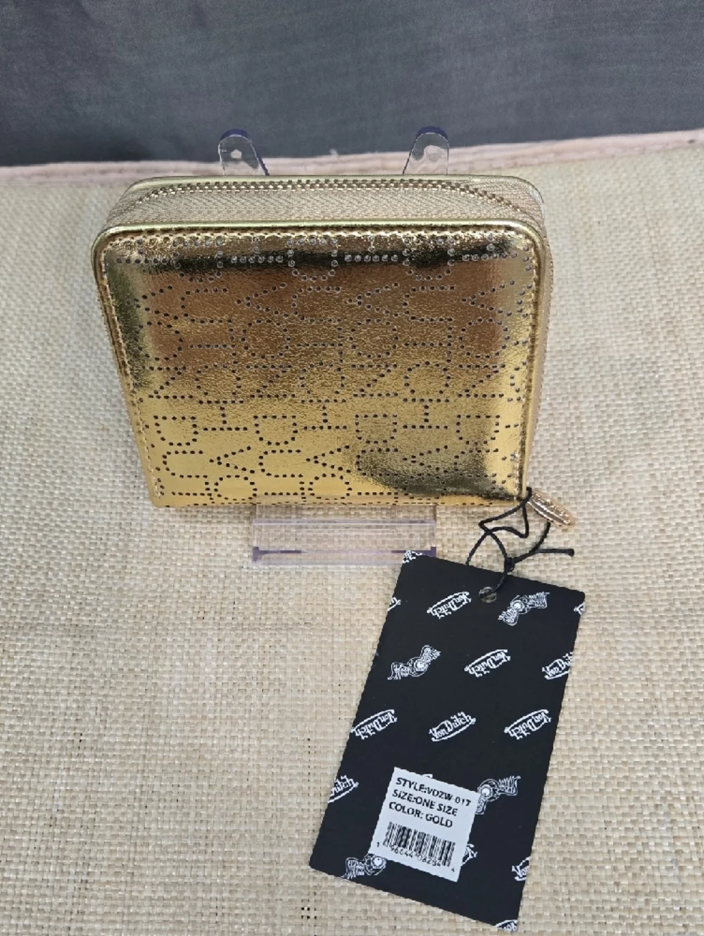 Von Dutch Shiny Gold Perforated Zip-Around Wallet
